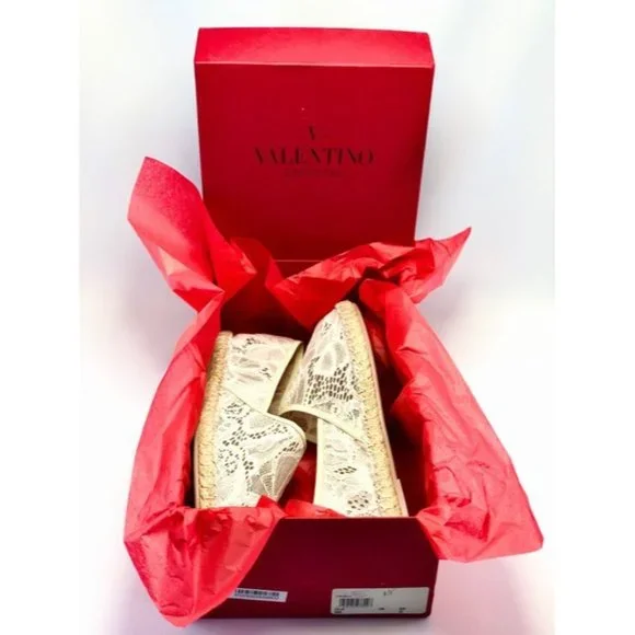 Valentino Garavani White Leather Trimmed Corded Lace Espadrilles Flats Espadrilles